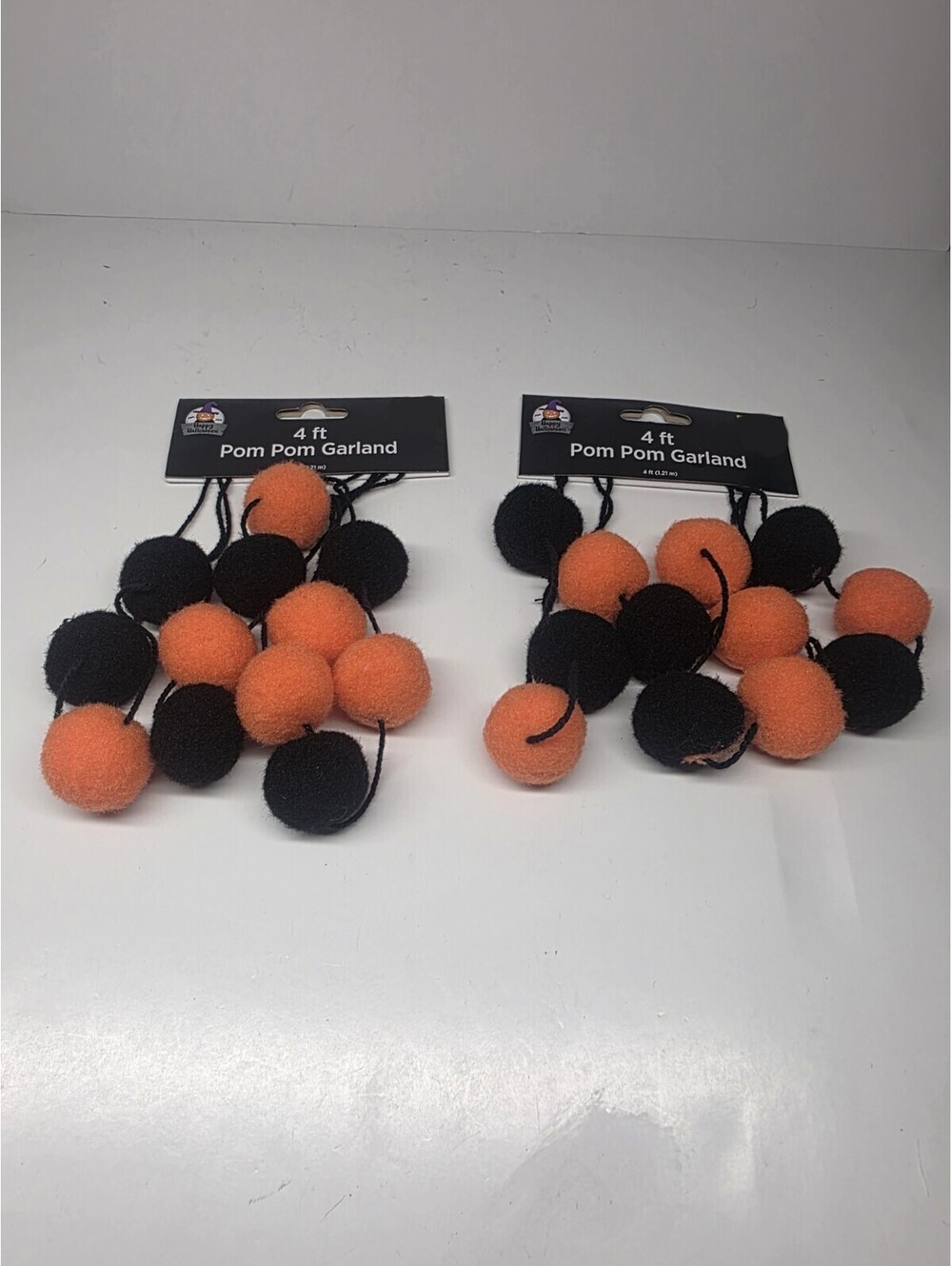 Happy Halloween Pom Pom Garland - Orange/Black - 4 Feet - NEW